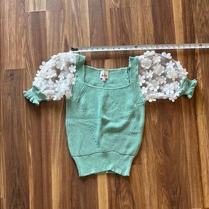 ME Makeover Essentials Mint Top with White Floral Sleeves